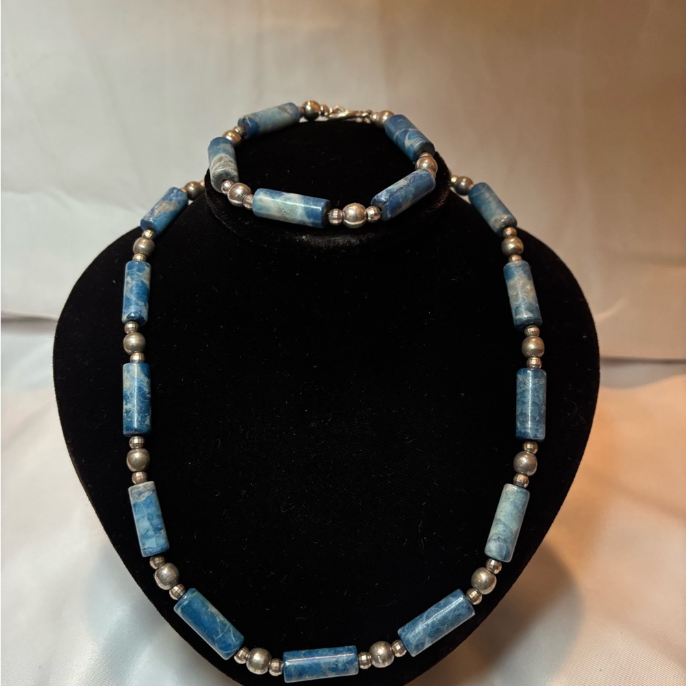Blue and Silver Beaded Necklace and Bracelet Set